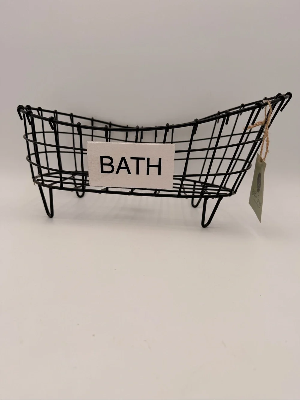 Black Wire Bath Caddy Basket with 'BATH' Sign